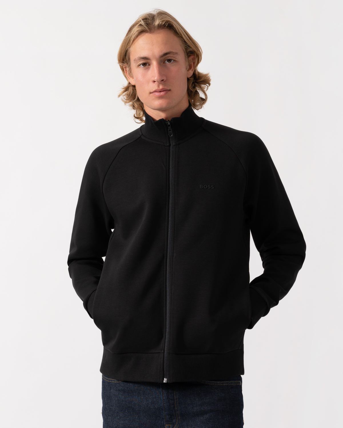 Front of the BOSS Green Skaz Mens Full Zip Funnel Neck Sweatshirt with Tonal Logo - Black 001