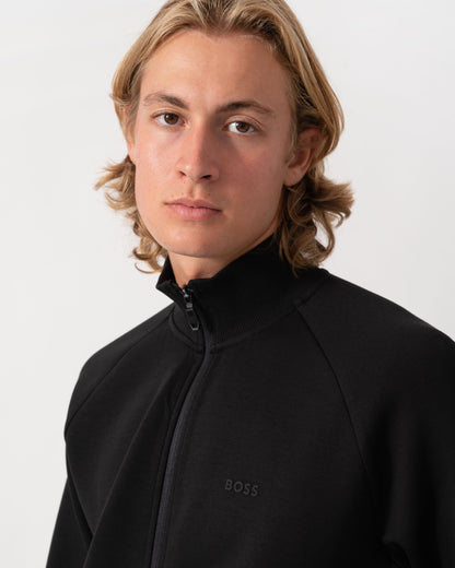 Close up on the BOSS Green Skaz Mens Full Zip Funnel Neck Sweatshirt with Tonal Logo - Black 001