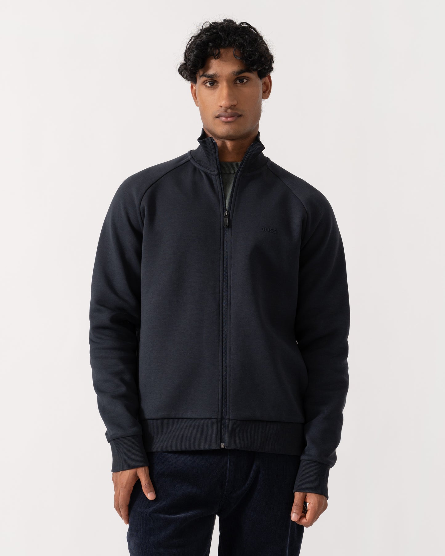 Front of BOSS Green Skaz Mens Full Zip Funnel Neck Sweatshirt with Tonal Logo - Dark Blue 402