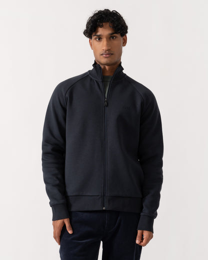 Front of BOSS Green Skaz Mens Full Zip Funnel Neck Sweatshirt with Tonal Logo - Dark Blue 402