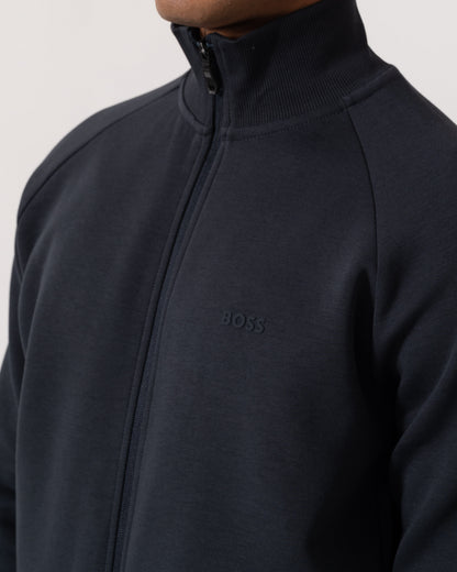 Close up of BOSS Green Skaz Mens Full Zip Funnel Neck Sweatshirt with Tonal Logo - Dark Blue 402