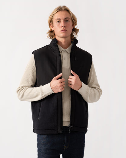 Front of the jacket open on the BOSS Green Sveedy Mens Contrast-panel teddy fleece gilet with logo  - Black 001