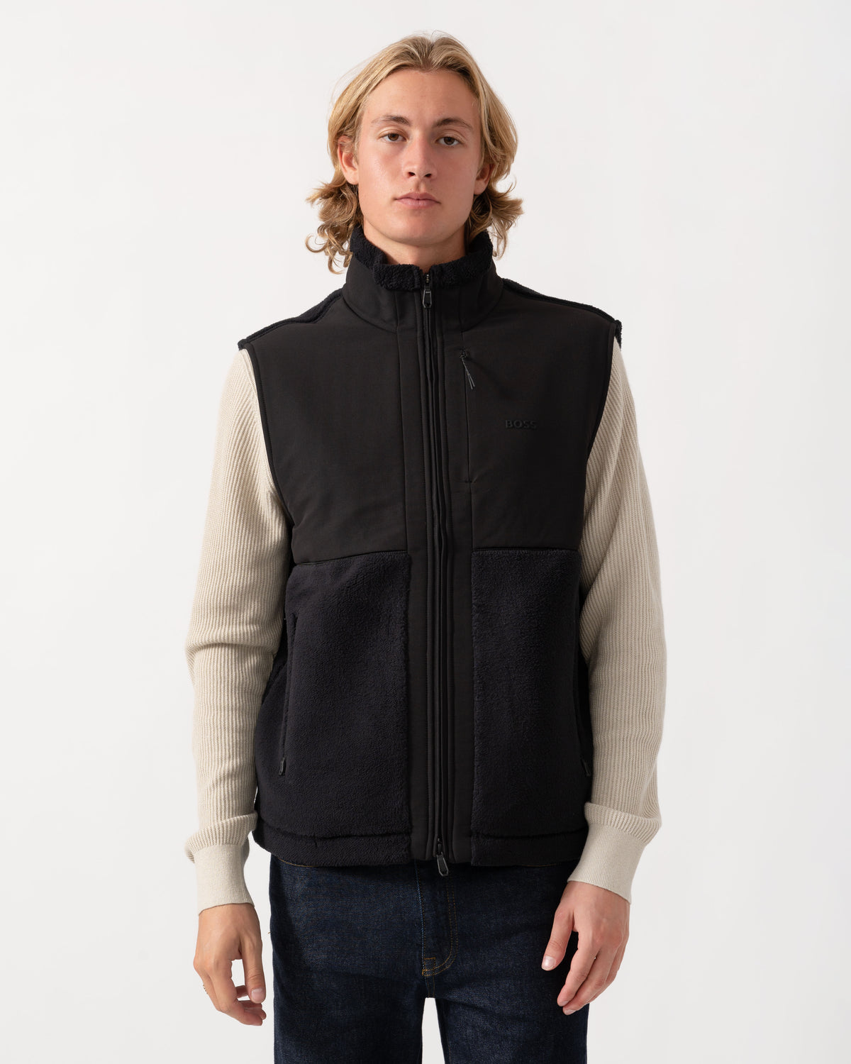 Front of the BOSS Green Sveedy Mens Contrast-panel teddy fleece gilet with logo  - Black 001