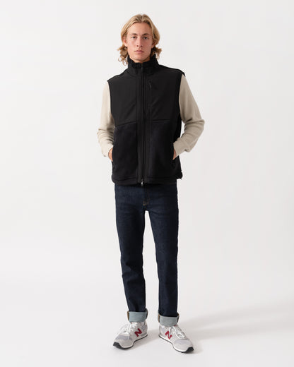 Model wearing the BOSS Green Sveedy Mens Contrast-panel teddy fleece gilet with logo  - Black 001