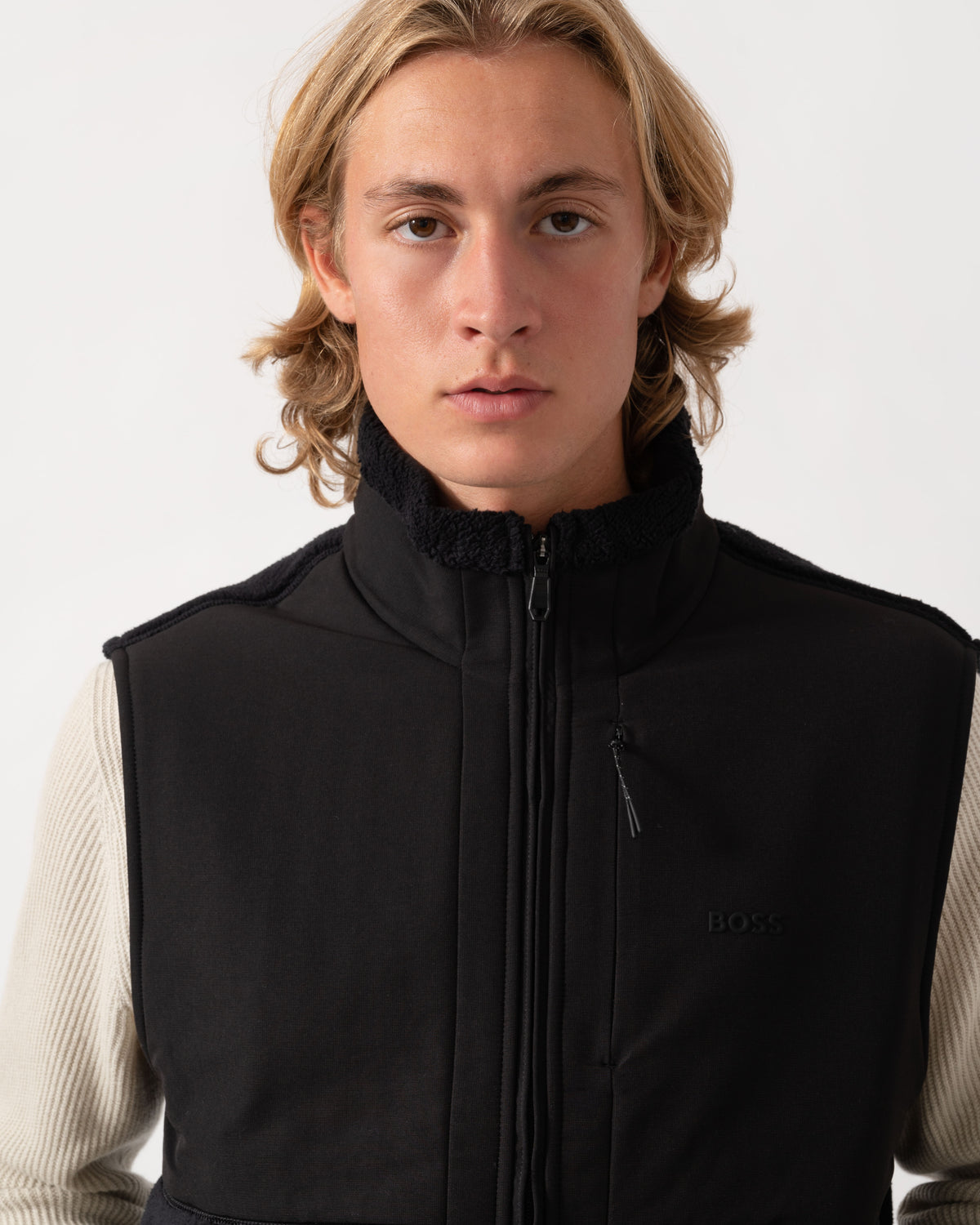 Collar detail on the BOSS Green Sveedy Mens Contrast-panel teddy fleece gilet with logo  - Black 001