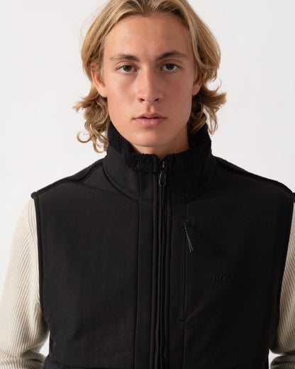 Collar detail on the BOSS Green Sveedy Mens Contrast-panel teddy fleece gilet with logo  - Black 001