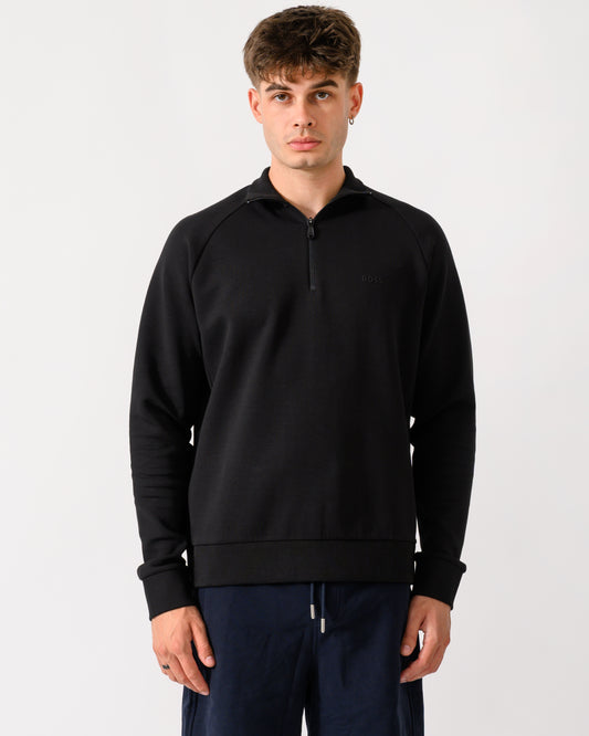 model wearing a BOSS Green Sweat Mens 1/4 Zip Sweatshirt in Black 001