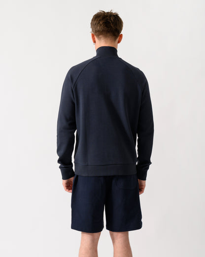 back shot of a model wearing a BOSS Green Sweat Mens quarter Zip Sweatshirt in Dark Blue 402