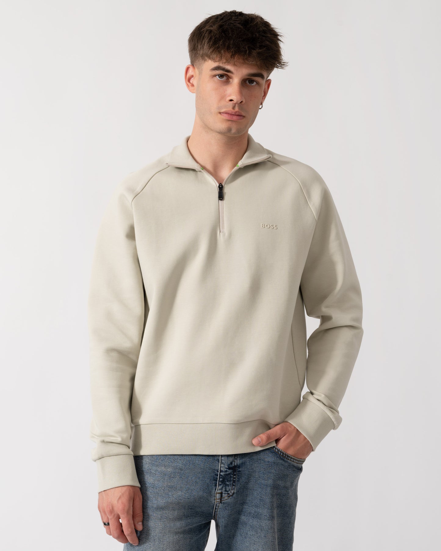 BOSS Green Sweat Mens 1/4 Zip Sweatshirt - Light Beige 272 front