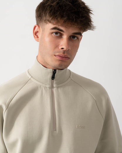 BOSS Green Sweat Mens 1/4 Zip Sweatshirt - Light Beige 272 logo detail