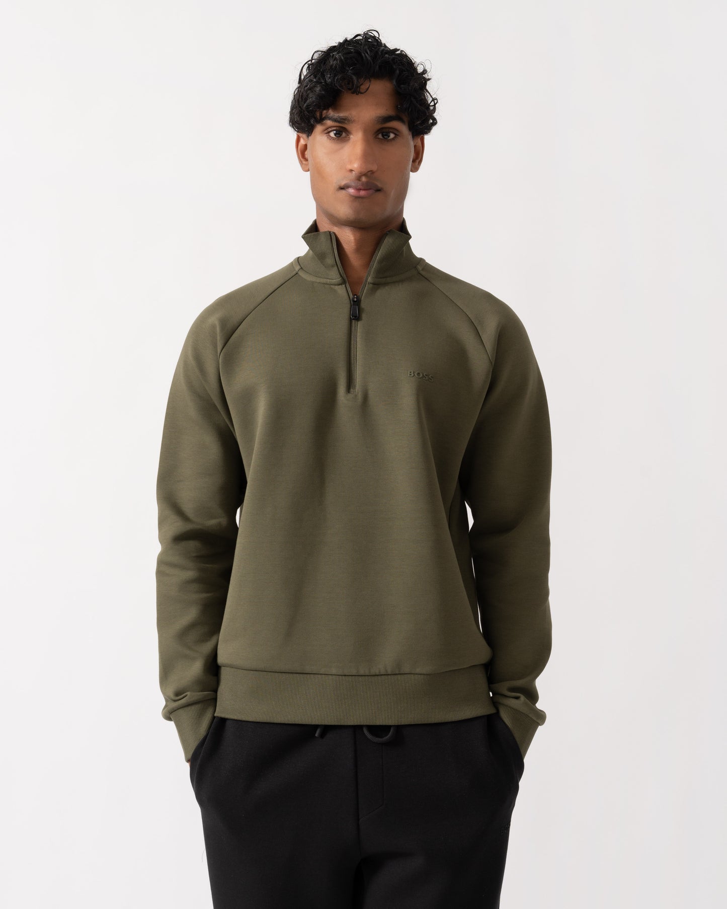 Front of BOSS Green Sweat Mens 1/4 Zip Sweatshirt 50565306 - Open Green 398