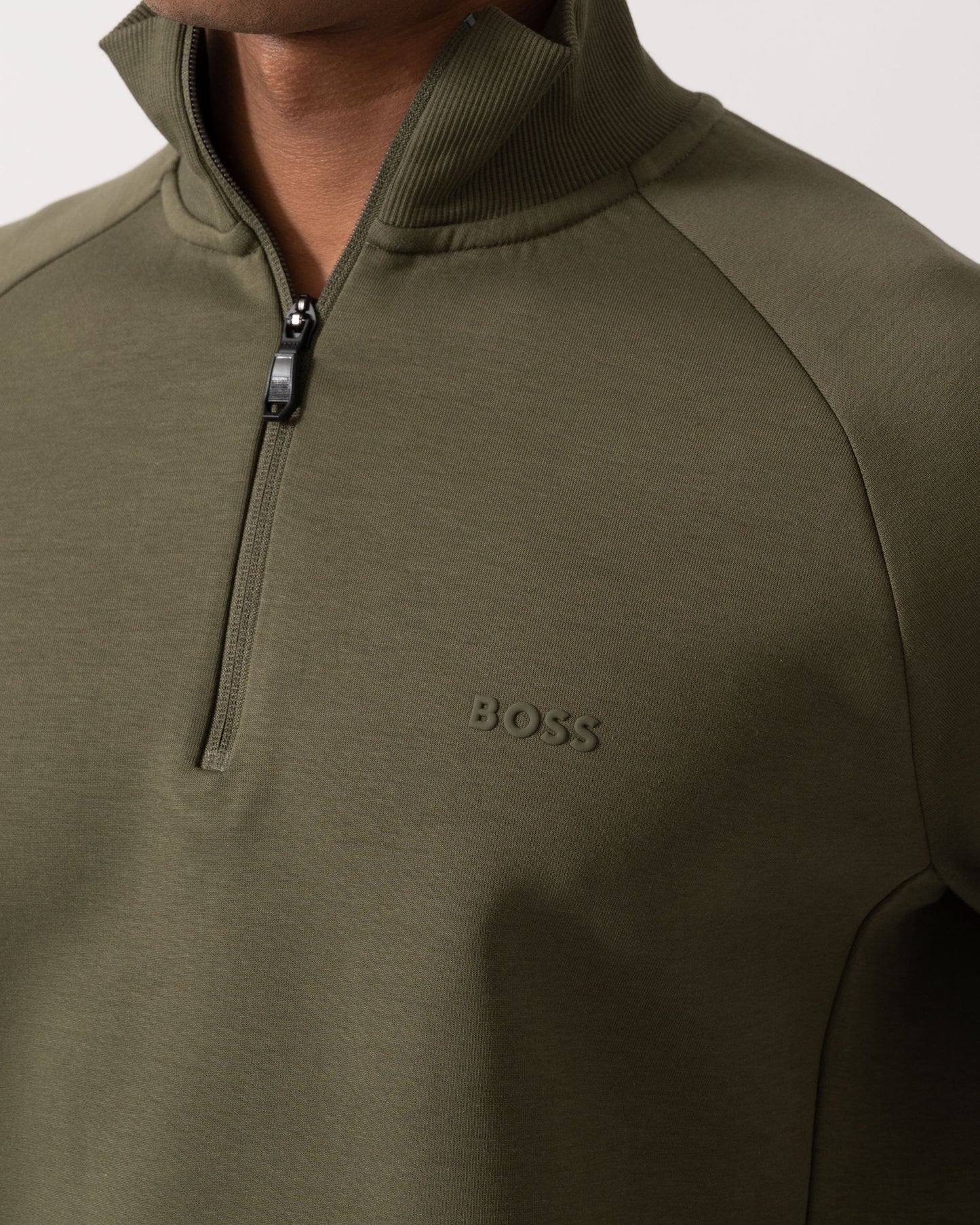 Logo and zip detail of BOSS Green Sweat Mens 1/4 Zip Sweatshirt 50565306 - Open Green 398