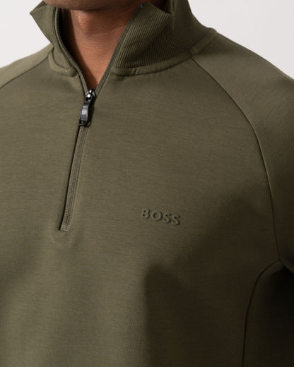 Logo and zip detail of BOSS Green Sweat Mens 1/4 Zip Sweatshirt 50565306 - Open Green 398