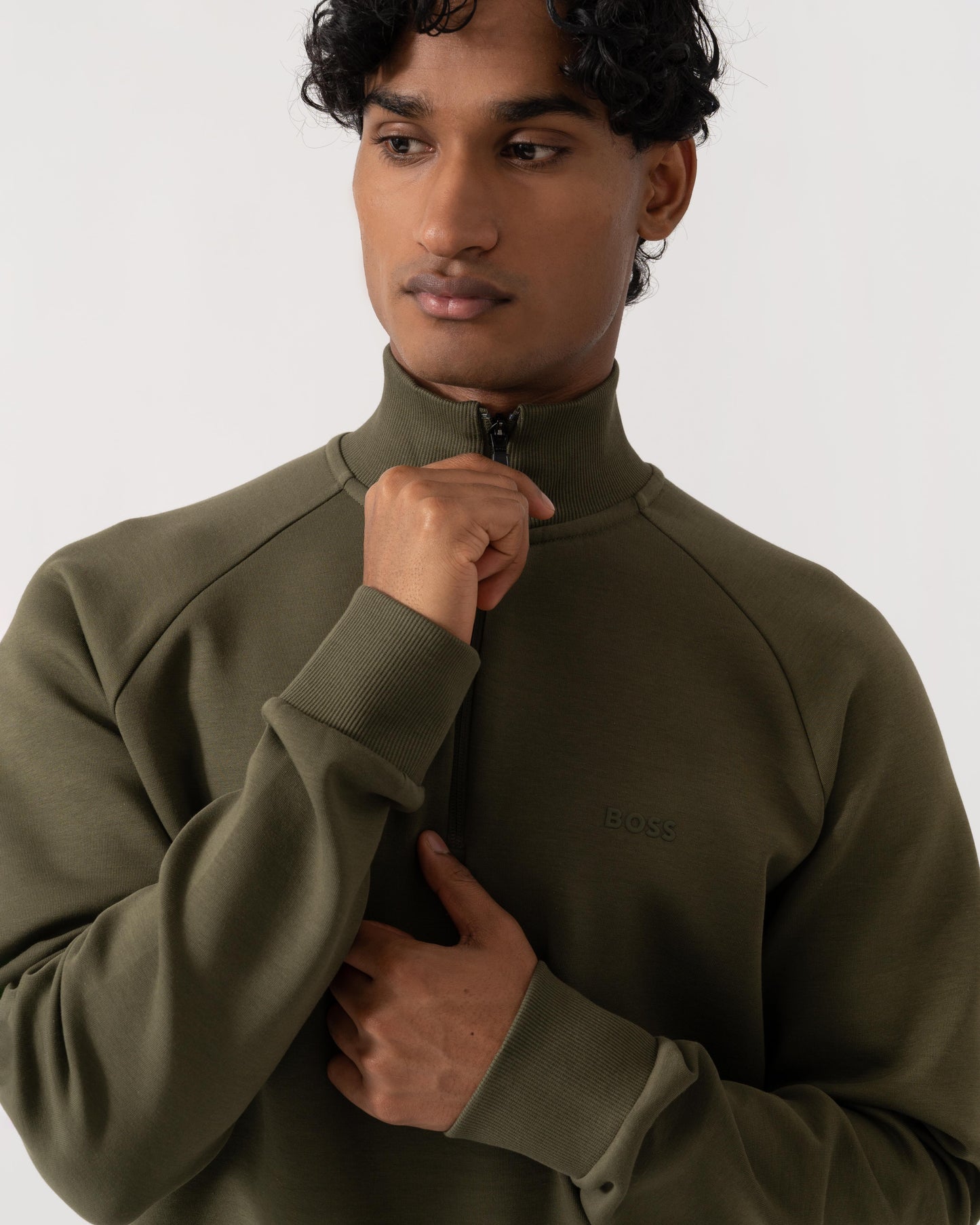Close up of BOSS Green Sweat Mens 1/4 Zip Sweatshirt 50565306 - Open Green 398
