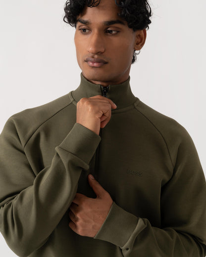 Close up of BOSS Green Sweat Mens 1/4 Zip Sweatshirt 50565306 - Open Green 398