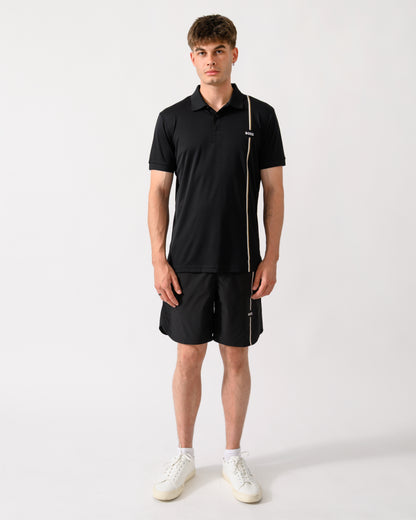 full length shot of a model wearing a BOSS Green TOC Mens Active Tennis Shorts in Innovative NOVA Fabric in Black 001