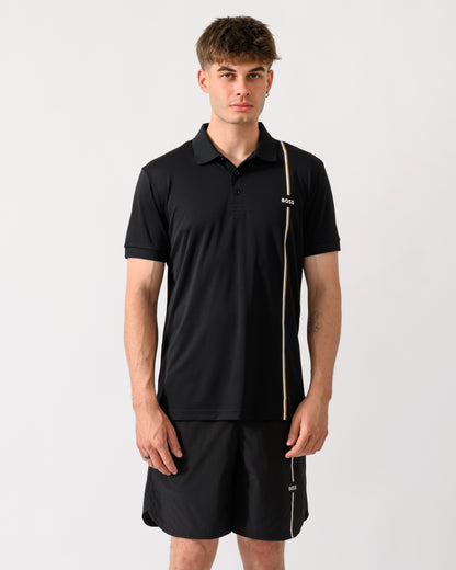 model wearing a BOSS Green TOC Game Mens Polo Shirt in Black 001