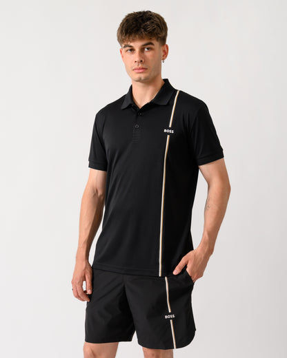 wide shot of a model wearing a BOSS Green TOC Game Mens Polo Shirt in Black 001