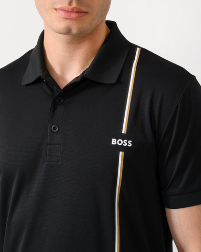 detail shot of a model wearing a BOSS Green TOC Game Mens Polo Shirt in Black 001