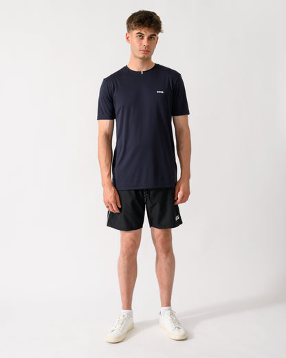 full length shot of a model wearing a BOSS Green TOC Game Mens T-Shirt in Dark Blue 402