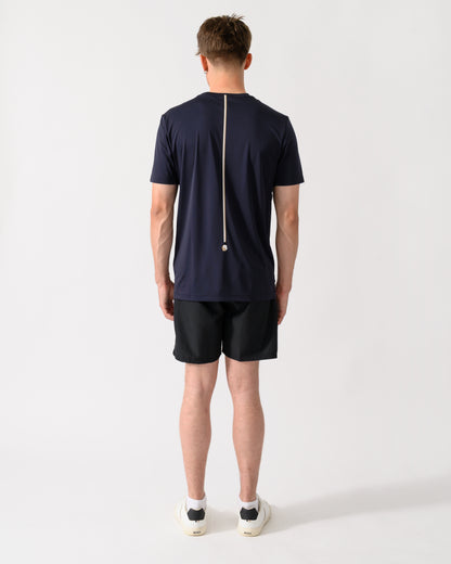 back shot of a model wearing a BOSS Green TOC Game Mens T-Shirt in Dark Blue 402
