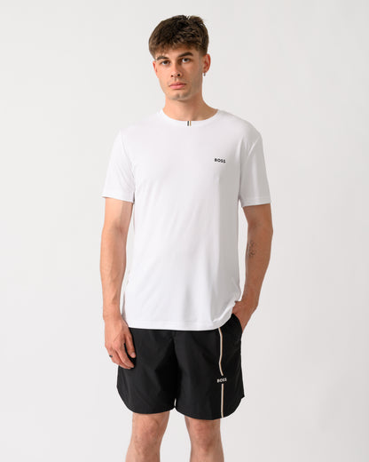 model wearing a BOSS Green TOC Game Mens T-Shirt in White 100