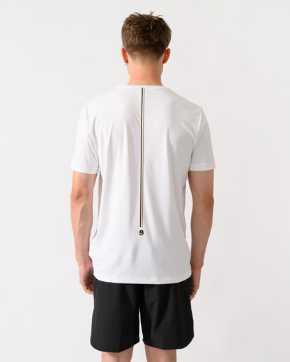 back shot of a model wearing a BOSS Green TOC Game Mens T-Shirt in White 100