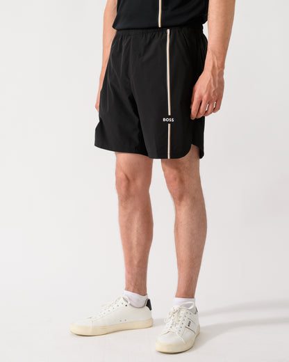 side shot of a model wearing a BOSS Green TOC Mens Active Tennis Shorts in Innovative NOVA Fabric in Black 001