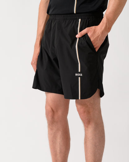 close up shot of a model wearing a BOSS Green TOC Mens Active Tennis Shorts in Innovative NOVA Fabric in Black 001