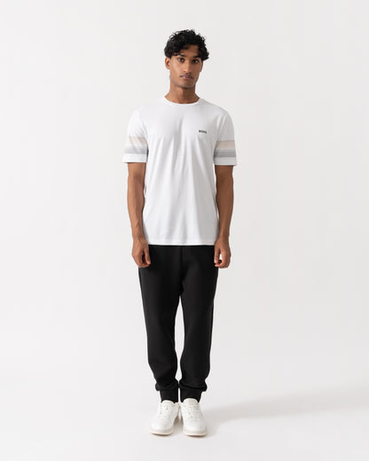 Man wearing BOSS Green TS TOC Court 2 Mens Slim Fit T-Shirt - White 100