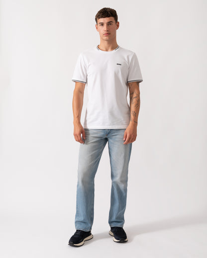 BOSS Green Taul Mens Stretch-Cotton T-Shirt with Stripes and Logo - White 100