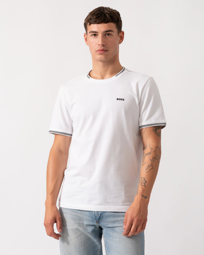 BOSS Green Taul Mens Stretch-Cotton T-Shirt with Stripes and Logo - White 100