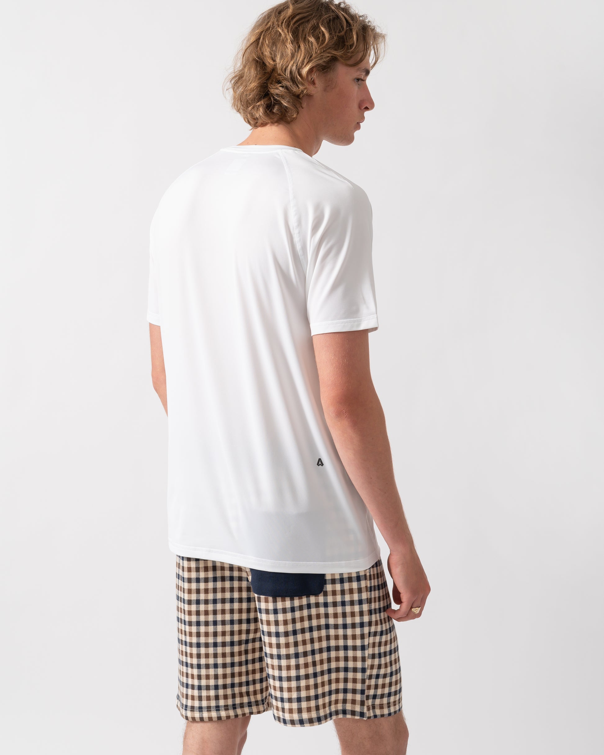 back shot of a Model wearing a BOSS Green Tee Active Mens T-Shirt in White 100