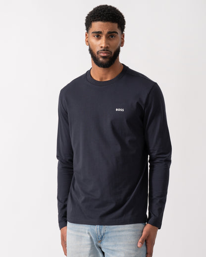 model wearing a BOSS Green Tee Mens Stretch-Cotton T-Shirt with Contrast Logo in Dark Blue