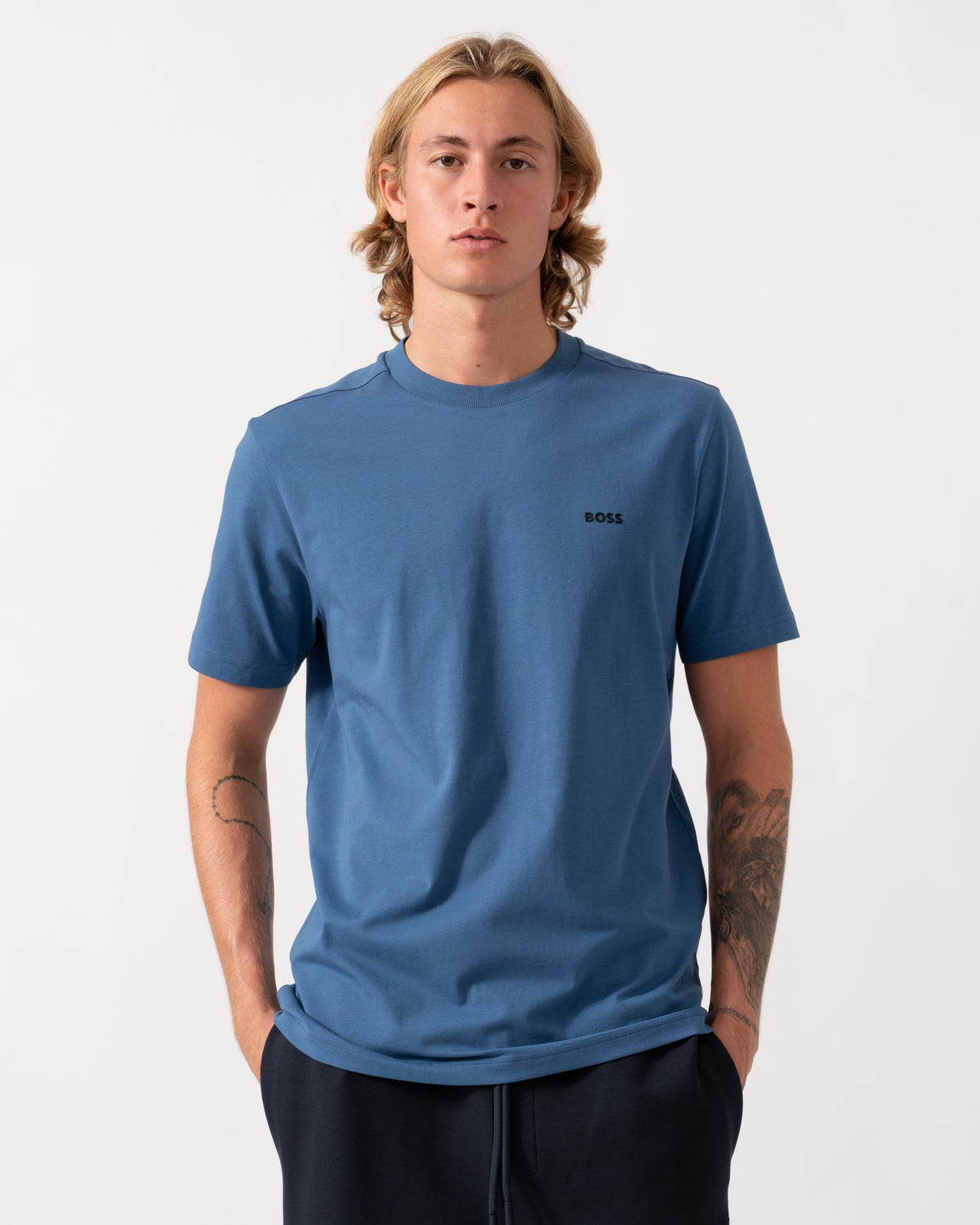 BOSS Green Tee Mens Stretch Cotton T-Shirt with Contrast Logo - Medium Blue 427