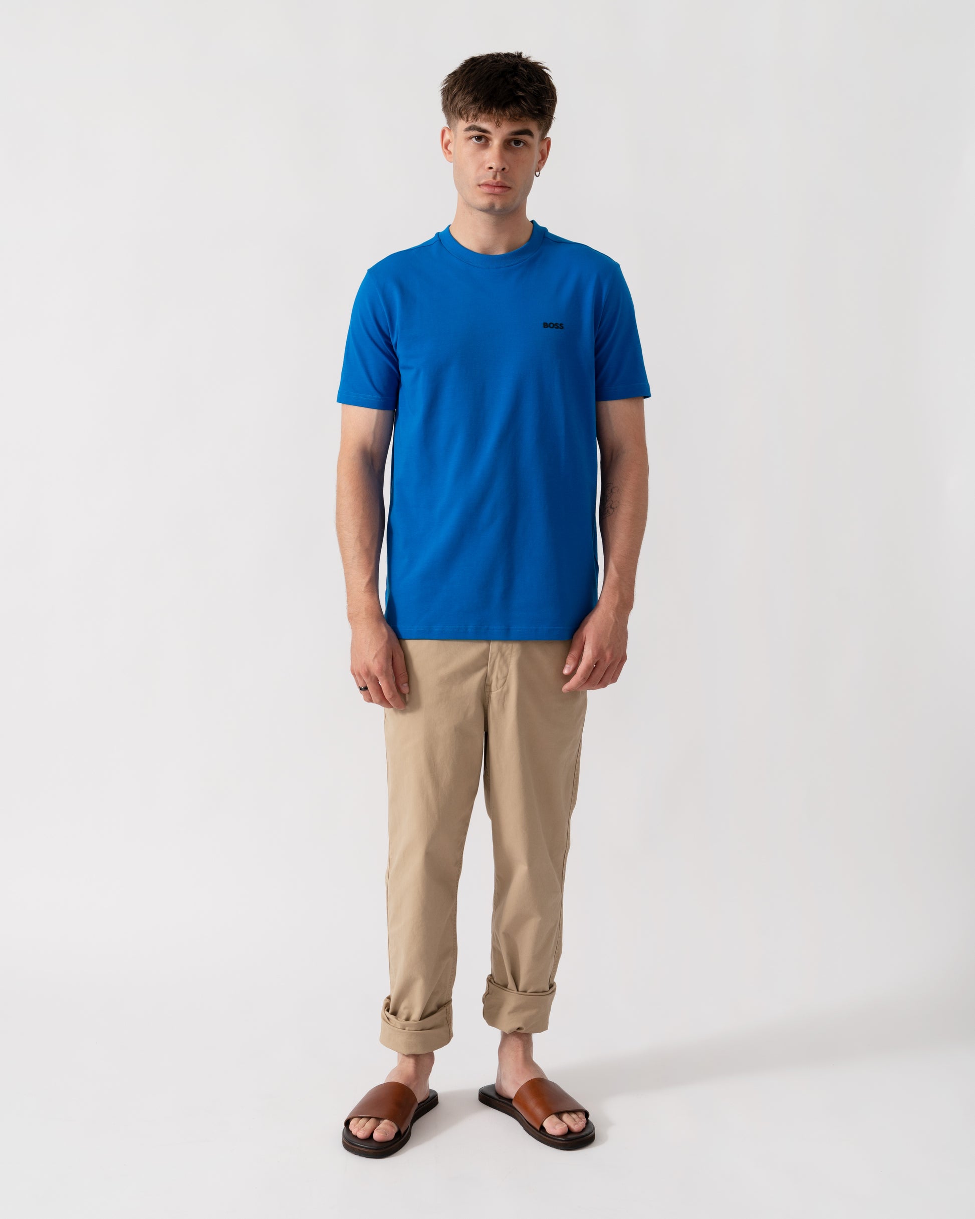 BOSS Green Tee Mens Stretch Cotton T-Shirt with Contrast Logo - Medium Blue 429 full length