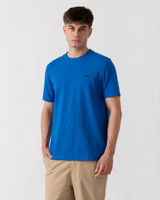 BOSS Green Tee Mens Stretch Cotton T-Shirt with Contrast Logo - Medium Blue 429 front