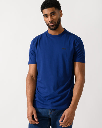 model wearing a BOSS Green Tee Mens Stretch Cotton T-Shirt with Contrast Logo in Navy
