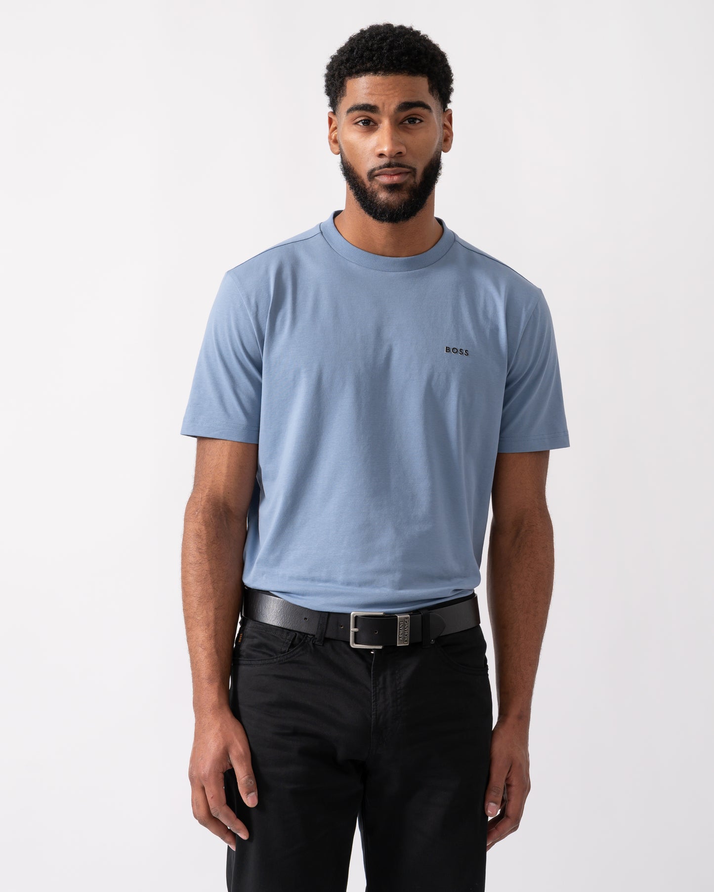 BOSS Green Tee Mens Stretch Cotton T-Shirt with Contrast Logo in Open Blue