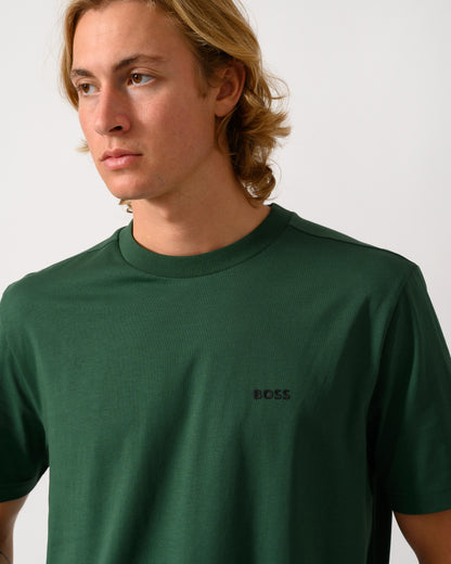 close up of a model wearing a BOSS Green Tee Mens Stretch Cotton T-Shirt with Contrast Logo in Open Green 365