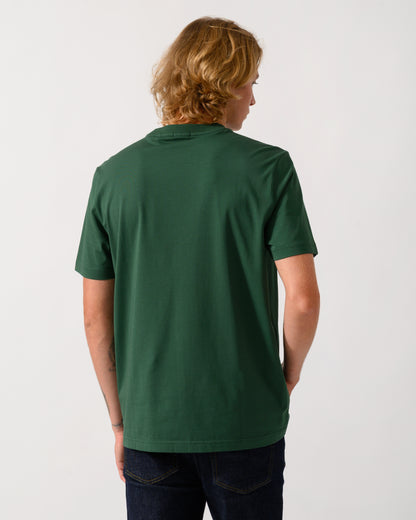 back of a model wearing a BOSS Green Tee Mens Stretch Cotton T-Shirt with Contrast Logo in Open Green 365