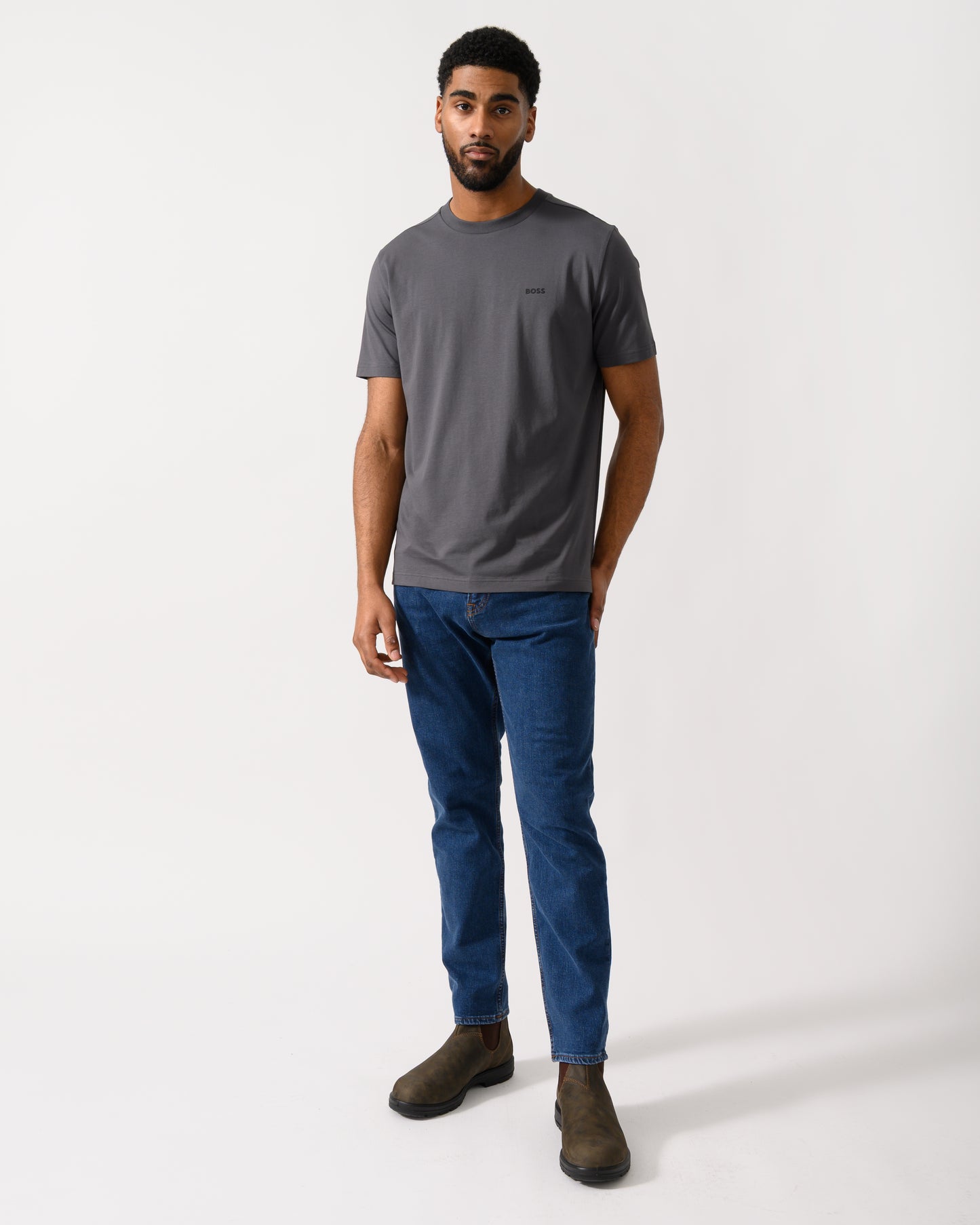 Full length shot of a BOSS Green Tee Mens Stretch Cotton T-Shirt with Contrast Logo in Open Grey
