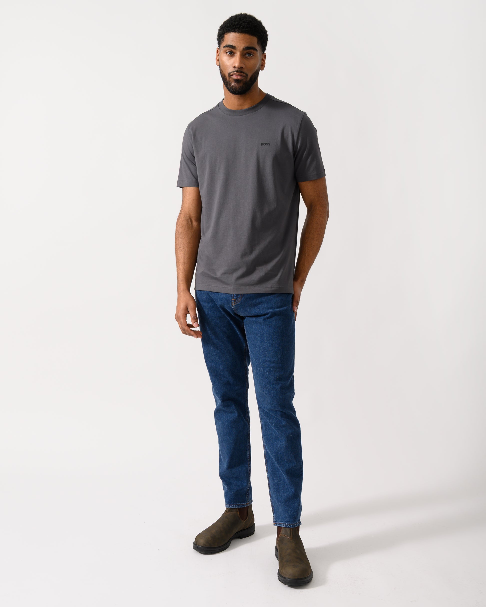 Full length shot of a BOSS Green Tee Mens Stretch Cotton T-Shirt with Contrast Logo in Open Grey