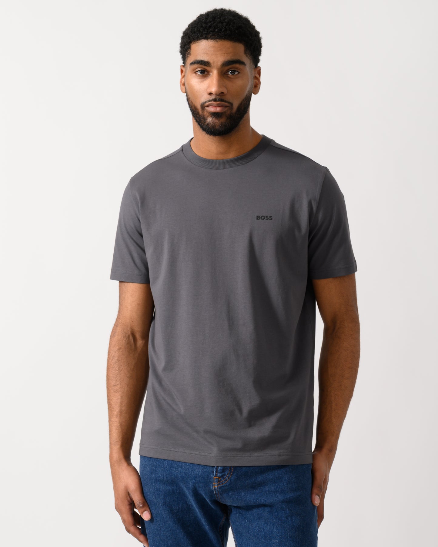 BOSS Green Tee Mens Stretch Cotton T-Shirt with Contrast Logo in Open Grey