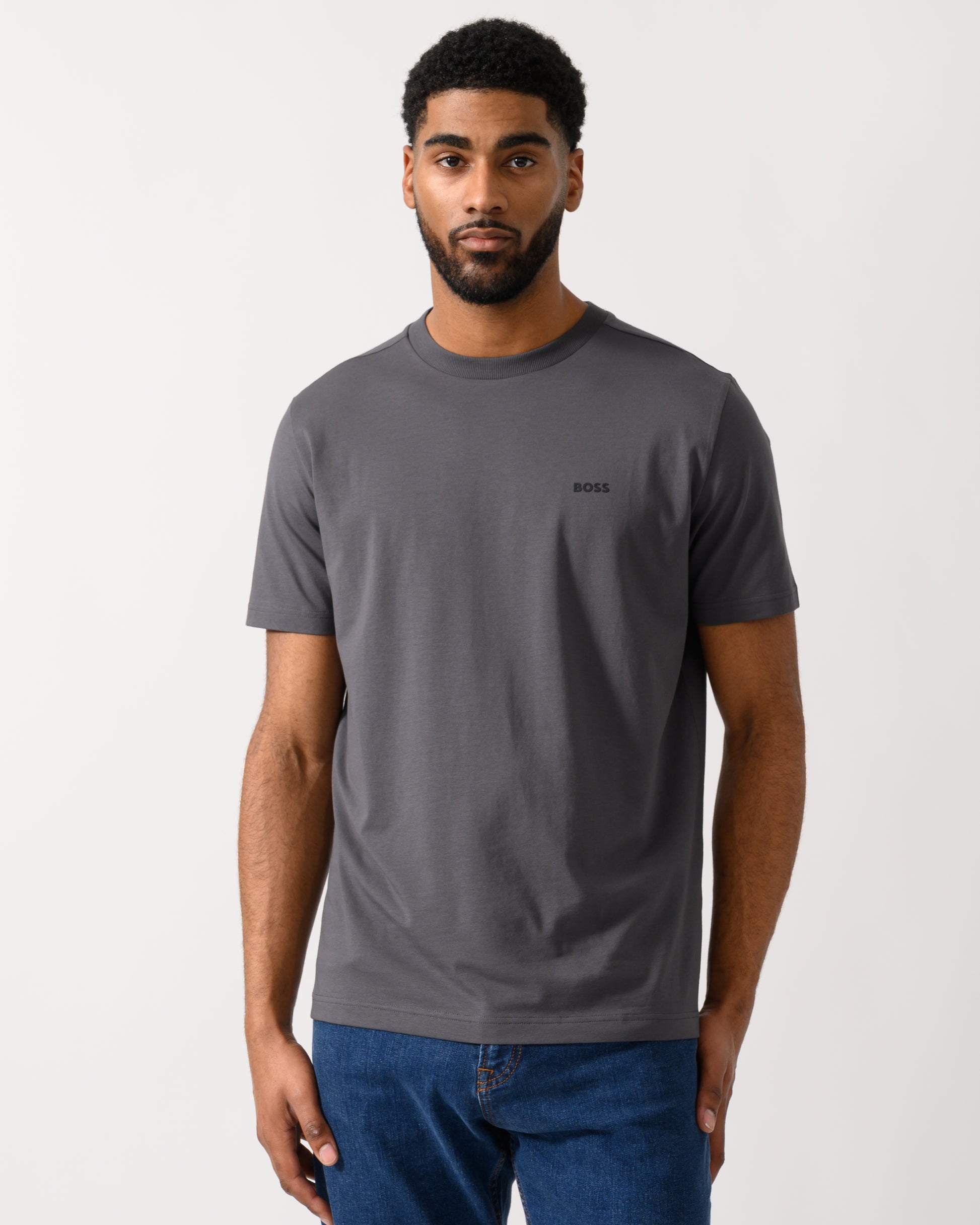 BOSS Green Tee Mens Stretch Cotton T-Shirt with Contrast Logo in Open Grey