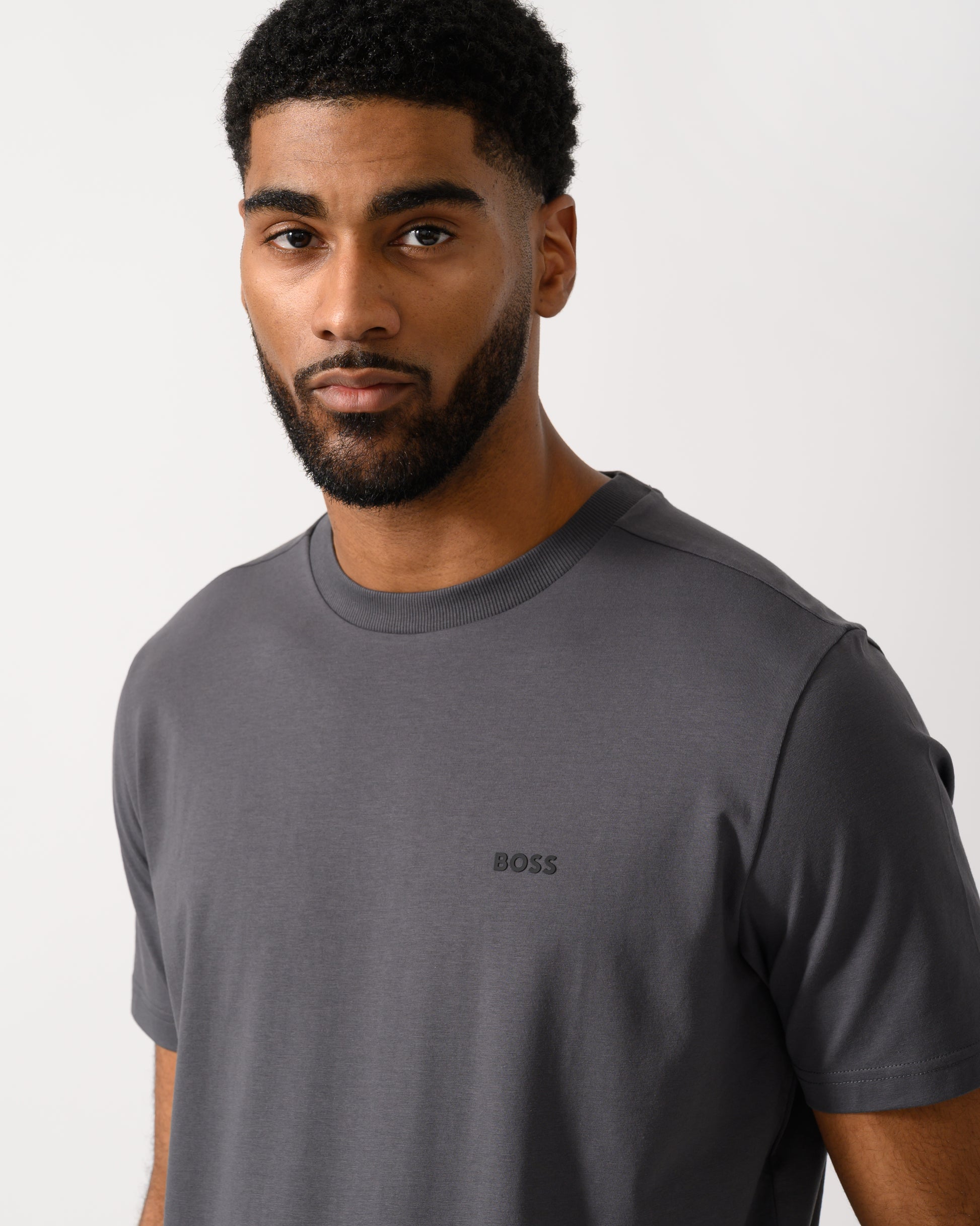 detail shot of a BOSS Green Tee Mens Stretch Cotton T-Shirt with Contrast Logo in Open Grey