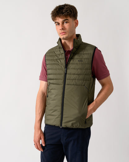 model wearing a BOSS Green Urbanex Mens Gilet in Open Green 398