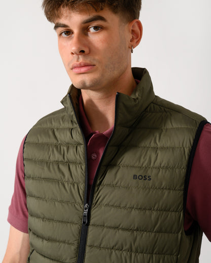 close up shot of a model wearing a BOSS Green Urbanex Mens Gilet in Open Green 398