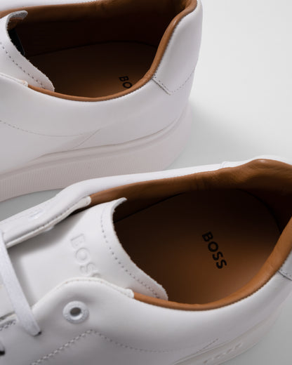 inside detail of BOSS Orange Bulton Runn Mens Polished Leather Trainers With Rubber Outsole NOS in White 100