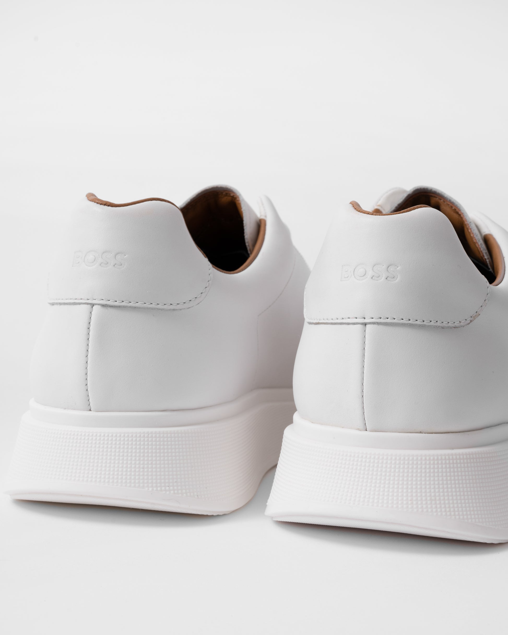 back detail of BOSS Orange Bulton Runn Mens Polished Leather Trainers With Rubber Outsole NOS in White 100